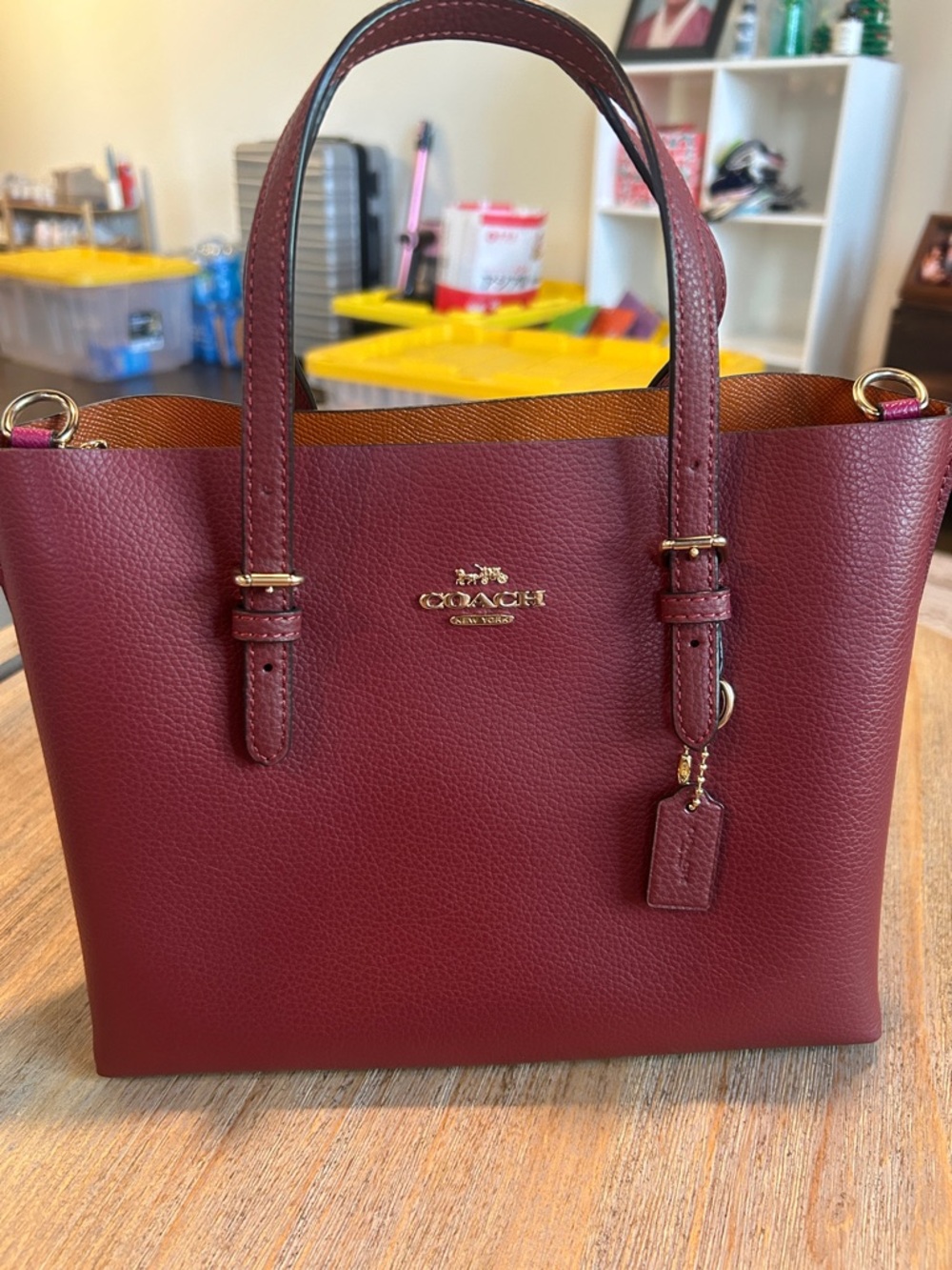 Coach Burgundy Pebbled Leather Tote with Gold Hardware